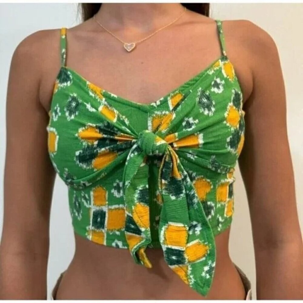 Aerie Green Yellow Pattern Crop Tie Cami Women's Size XL
